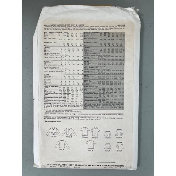 Butterick 3595 Sewing Pattern Size 4 Childrens Jacket Shirt Skirt and Shorts CUT - Picture 4 of 6